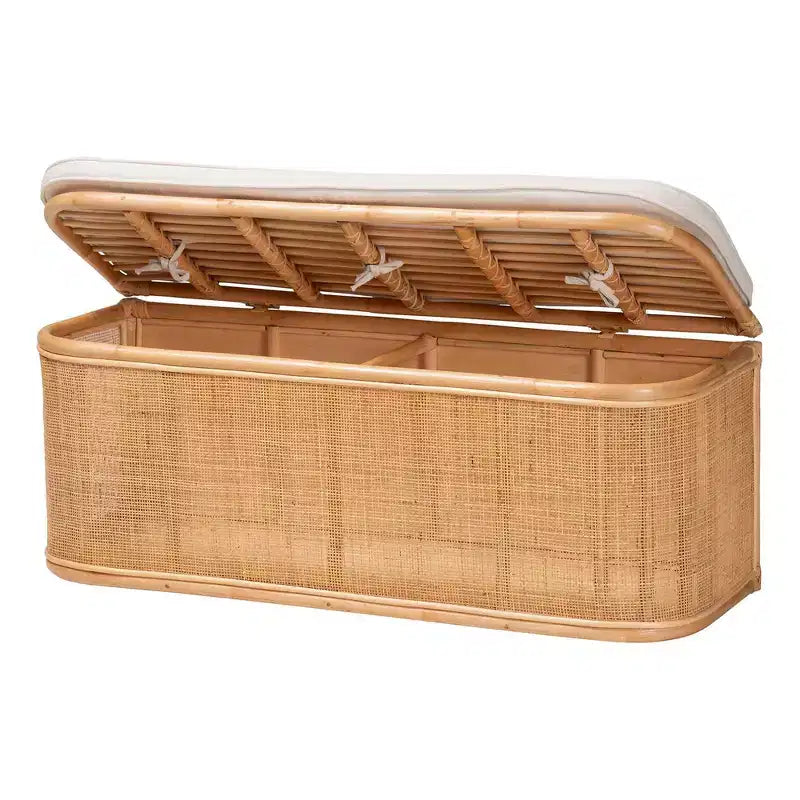 Banc de rangement en rotin naturel Blanc/naturel : Polyester rembourré, cadre en contreplaqué, aucun assemblage requis