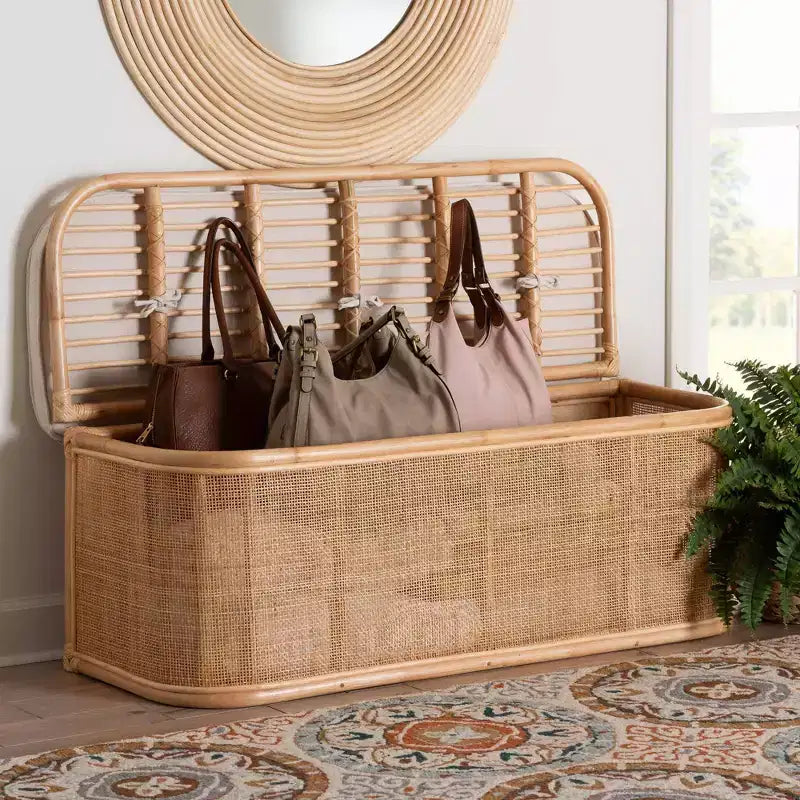 Banc de rangement en rotin naturel Blanc/naturel : Polyester rembourré, cadre en contreplaqué, aucun assemblage requis