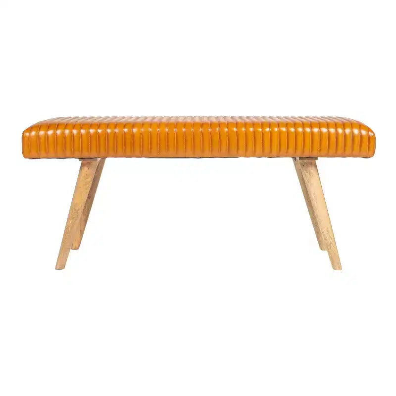 Storied Home Leather Grid Bench Brown: Mango Wood Frame, Adult Assembly, Spot Clean, Rectangle Shape
