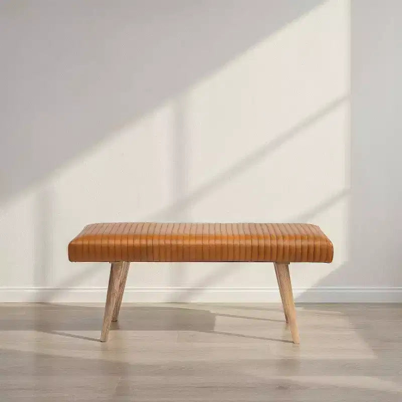 Storied Home Leather Grid Bench Brown: Mango Wood Frame, Adult Assembly, Spot Clean, Rectangle Shape