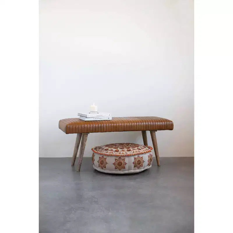 Storied Home Leather Grid Bench Brown: Mango Wood Frame, Adult Assembly, Spot Clean, Rectangle Shape