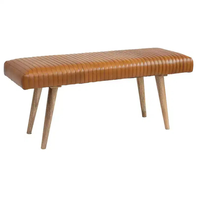 Storied Home Leather Grid Bench Brown: Mango Wood Frame, Adult Assembly, Spot Clean, Rectangle Shape