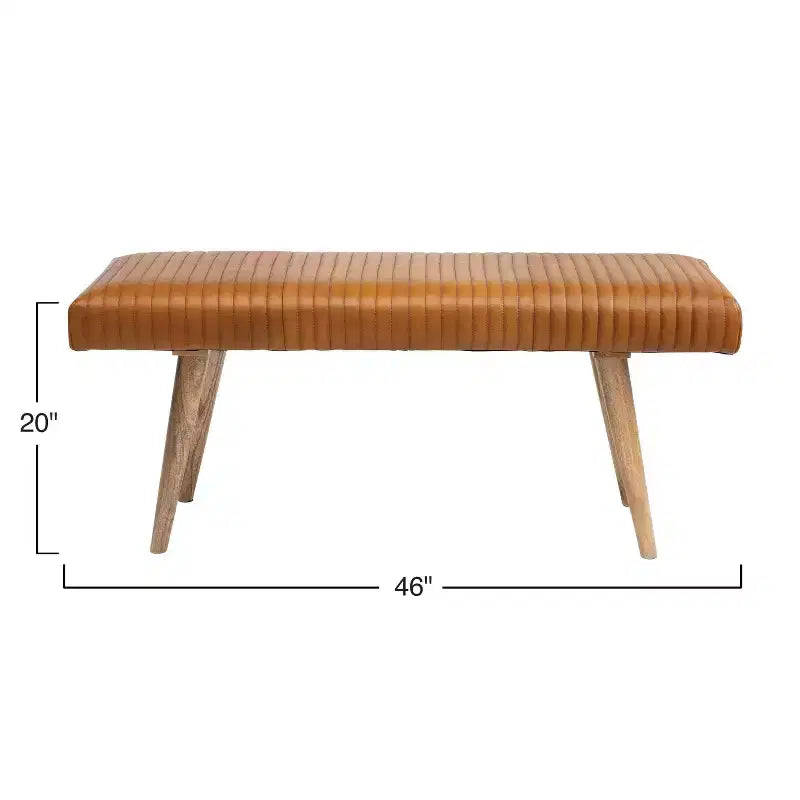 Storied Home Leather Grid Bench Brown: Mango Wood Frame, Adult Assembly, Spot Clean, Rectangle Shape