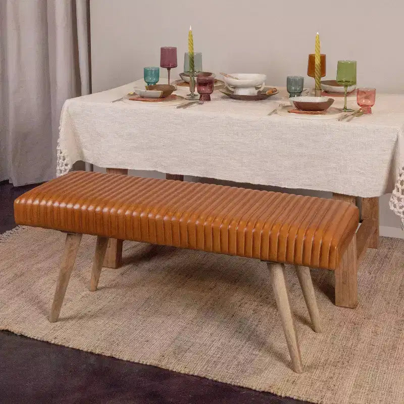 Storied Home Leather Grid Bench Brown: Mango Wood Frame, Adult Assembly, Spot Clean, Rectangle Shape