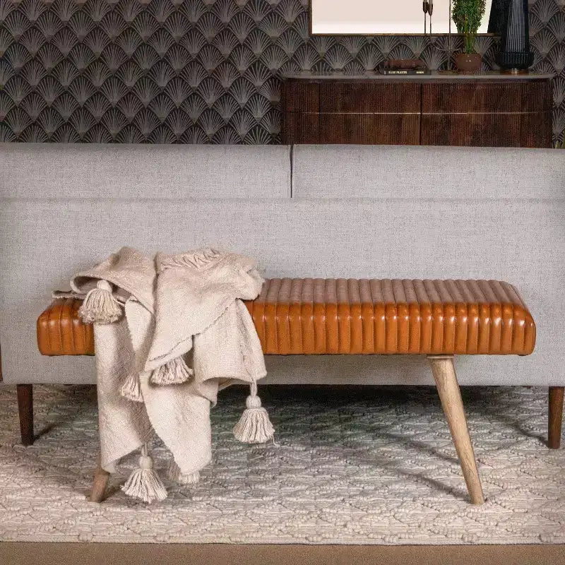 Storied Home Leather Grid Bench Brown: Mango Wood Frame, Adult Assembly, Spot Clean, Rectangle Shape