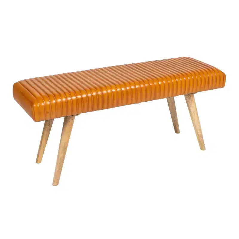 Storied Home Leather Grid Bench Brown: Mango Wood Frame, Adult Assembly, Spot Clean, Rectangle Shape