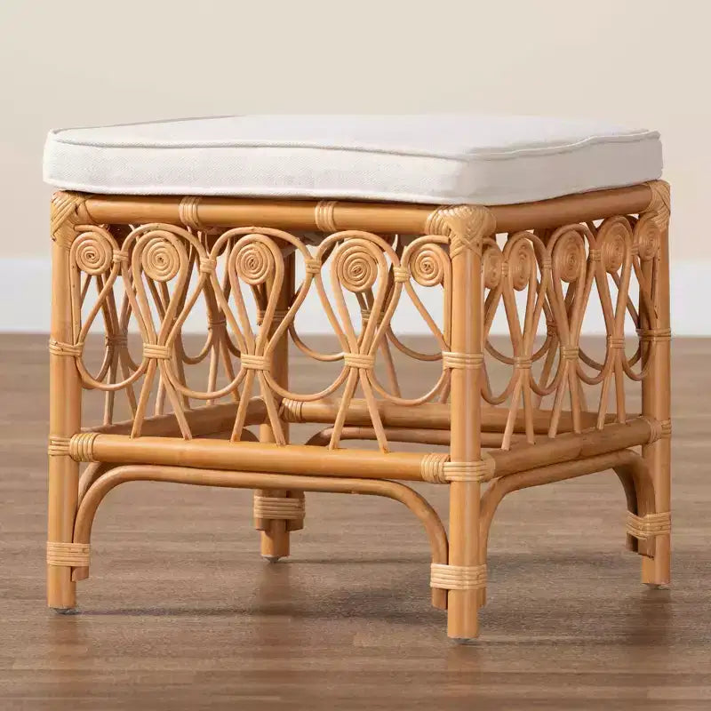 bali & pari Ibiza Rattan Footstool White/Light Honey: Upholstered Polyester, No Assembly Required