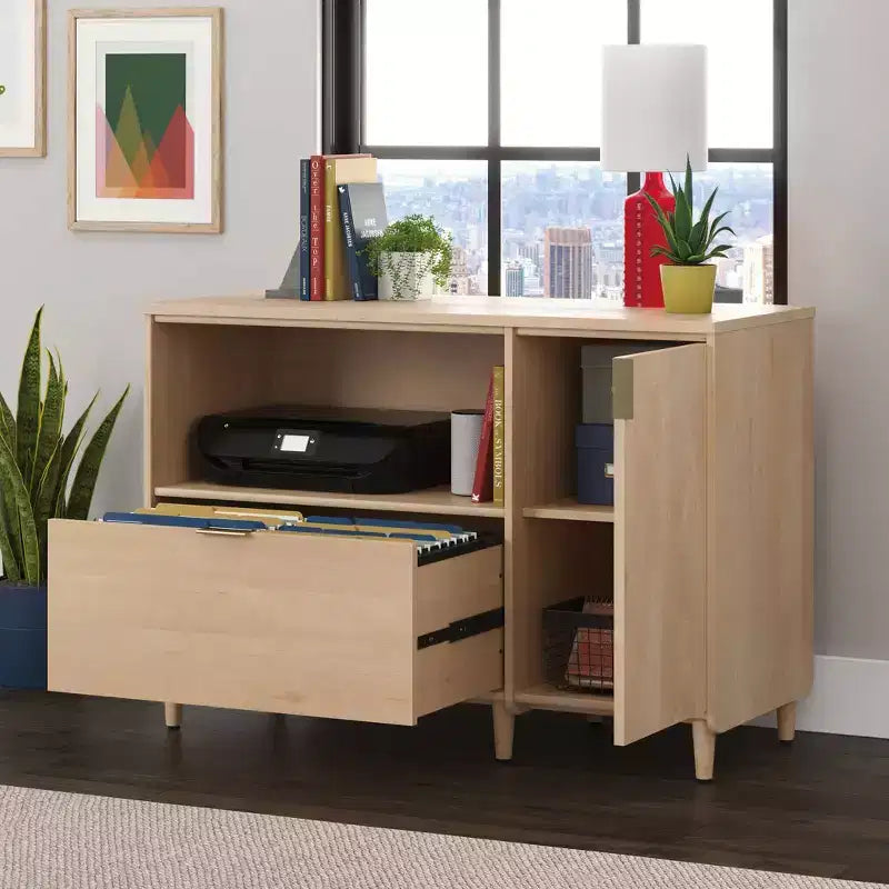Clifford Place Office Credenza Natural Maple - Sauder: Media Stand with Adjustable Shelf & File Storage