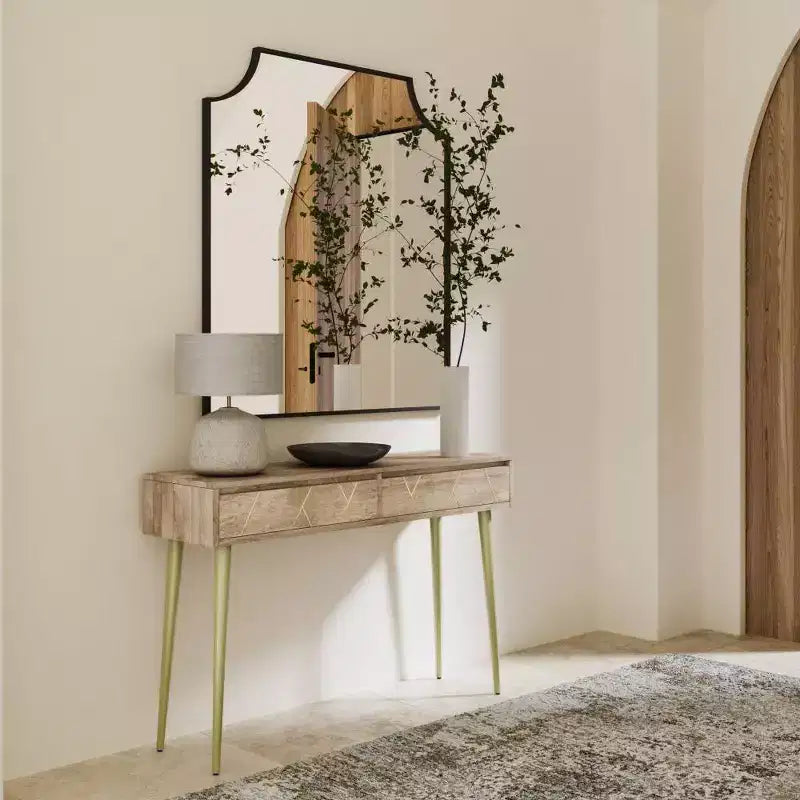 Bissell Console Table Natural - Wyndenhall: Mid-Century Modern, Geometric Brass Inlay, Storage