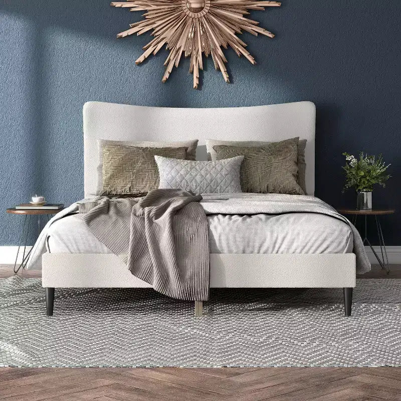 24/7 Shop At Home Queen Heartwild Modern Boucle Upholstered Wingback Platform Bed White