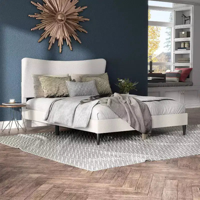 24/7 Shop At Home Queen Heartwild Modern Boucle Upholstered Wingback Platform Bed White