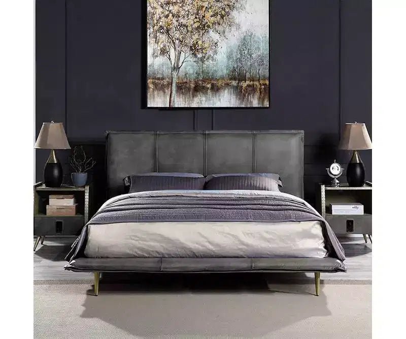 91" Queen Bed Metis Bed Gray Top Grain Leather - Acme Furniture: Modern Industrial Style, Metal Legs, Plush Upholstery