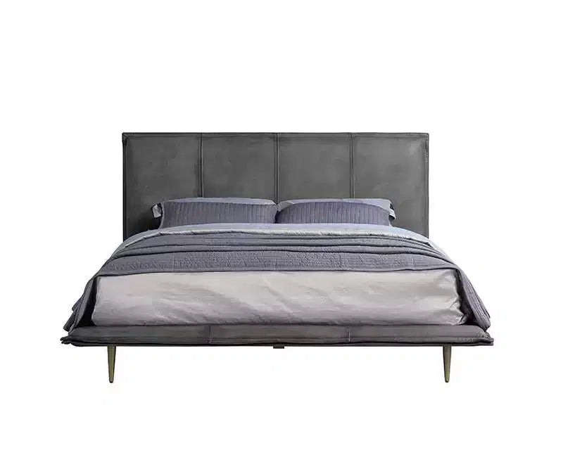 91" Queen Bed Metis Bed Gray Top Grain Leather - Acme Furniture: Modern Industrial Style, Metal Legs, Plush Upholstery