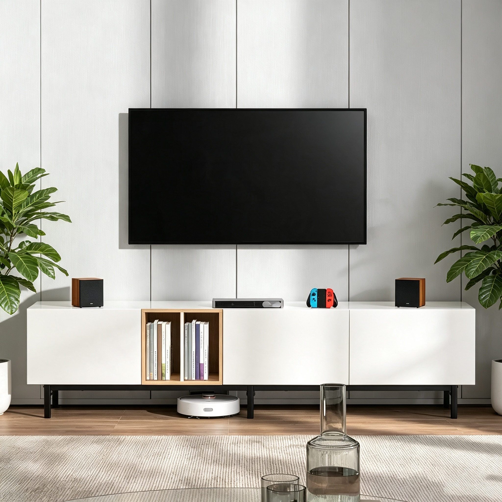 Meuble TV moderne de 195 cm, adapté aux téléviseurs de 80 pouces, avec 3 portes.