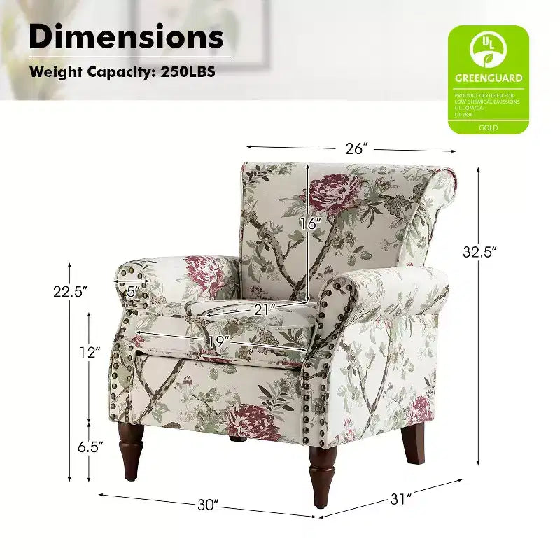 Araceli Traditional Wooden Upholstered Floral Armchair with Wingback and Nailhead Trim| ART OF LIVING DESIGNS