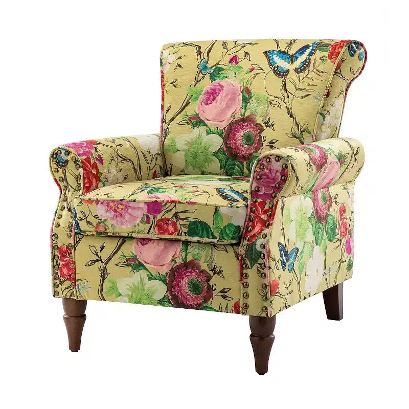 Araceli Traditional Wooden Upholstered Floral Armchair with Wingback and Nailhead Trim| ART OF LIVING DESIGNS