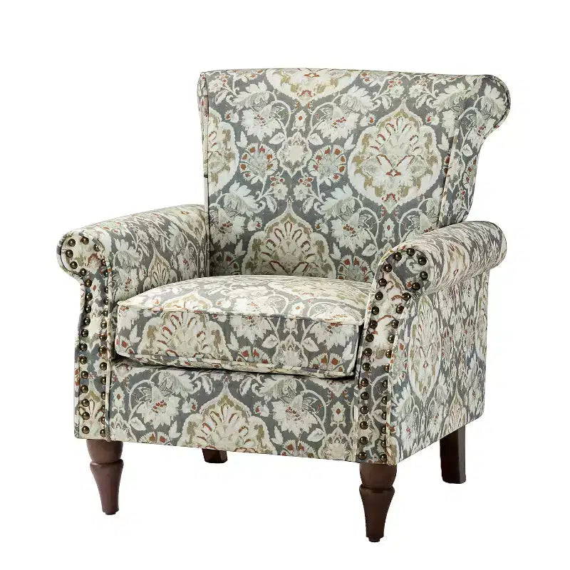 Araceli Traditional Wooden Upholstered Floral Armchair with Wingback and Nailhead Trim| ART OF LIVING DESIGNS