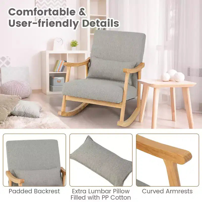 Costway Set of 2 Rocking Chairs with Pillow Rocking Armchairs with Rubber Wood Frame Grey