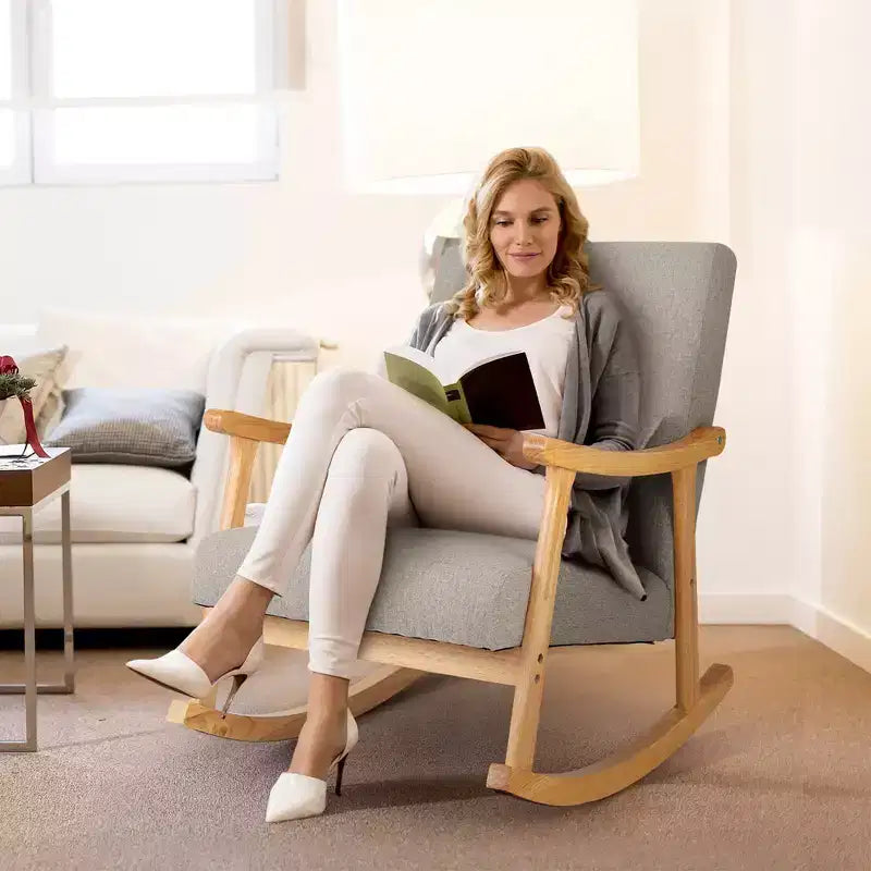 Costway Set of 2 Rocking Chairs with Pillow Rocking Armchairs with Rubber Wood Frame Grey