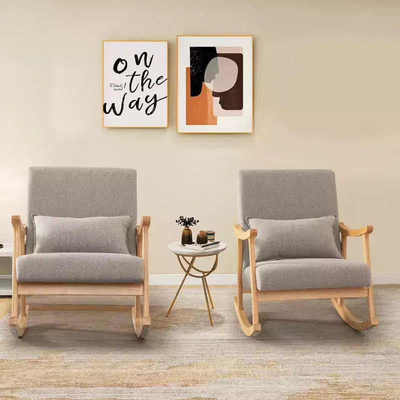 Costway Set of 2 Rocking Chairs with Pillow Rocking Armchairs with Rubber Wood Frame Grey