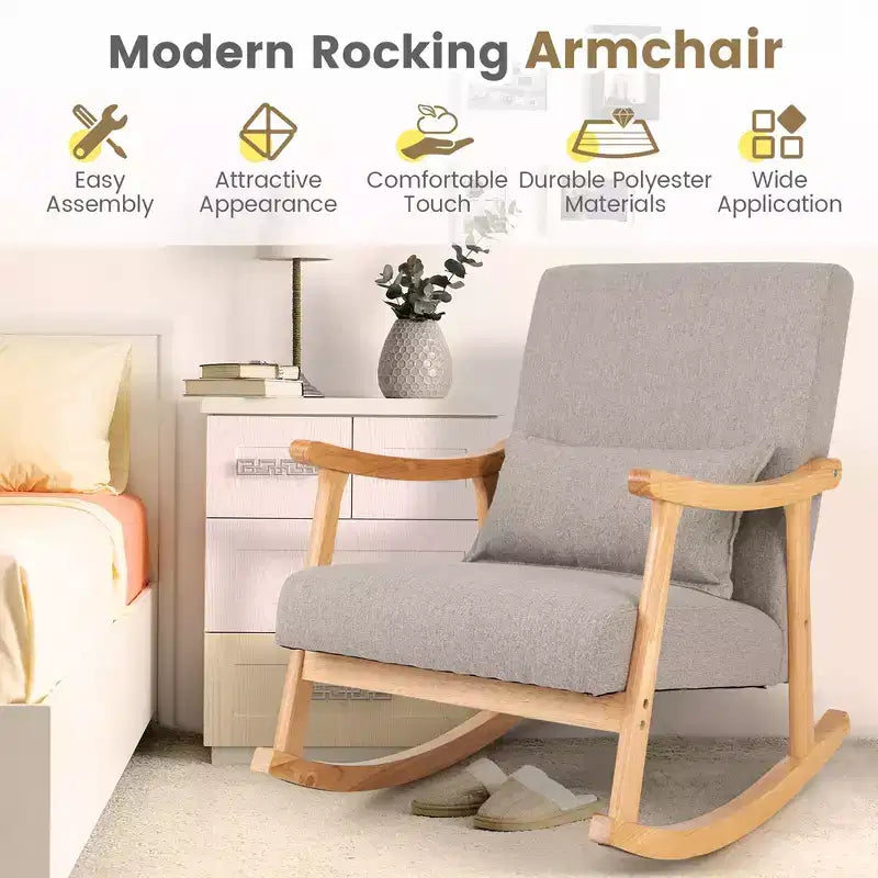 Costway Set of 2 Rocking Chairs with Pillow Rocking Armchairs with Rubber Wood Frame Grey