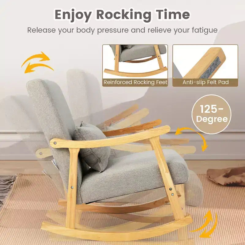 Costway Set of 2 Rocking Chairs with Pillow Rocking Armchairs with Rubber Wood Frame Grey