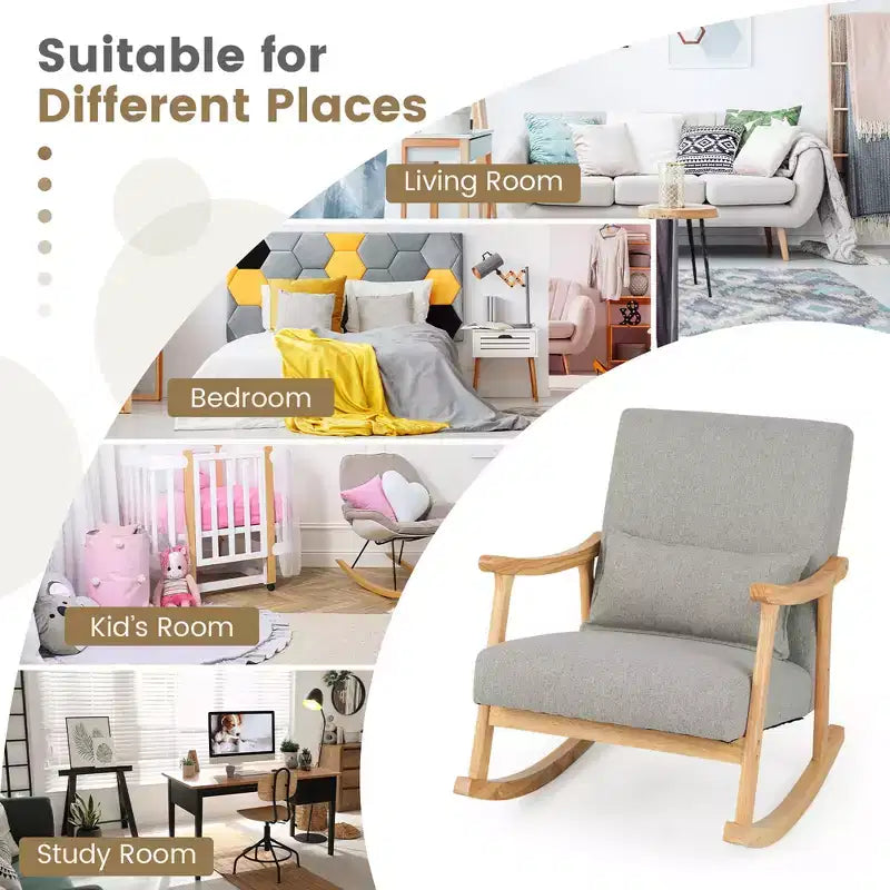 Costway Set of 2 Rocking Chairs with Pillow Rocking Armchairs with Rubber Wood Frame Grey
