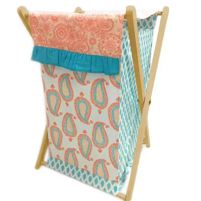 Bacati - Sophia Paisley Aqua/Coral Laundry Hamper with Wooden Frame