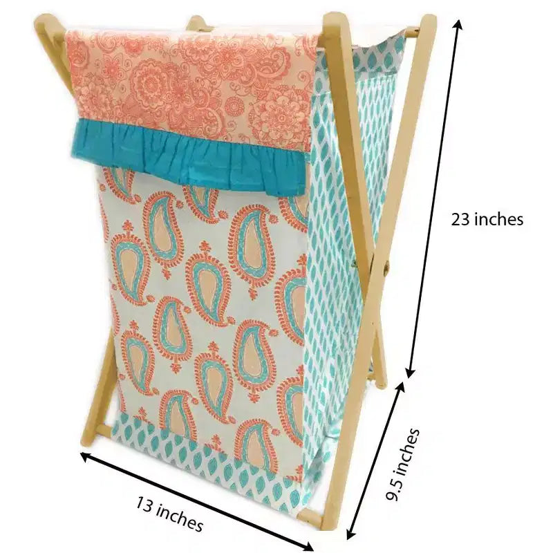 Bacati - Sophia Paisley Aqua/Coral Laundry Hamper with Wooden Frame