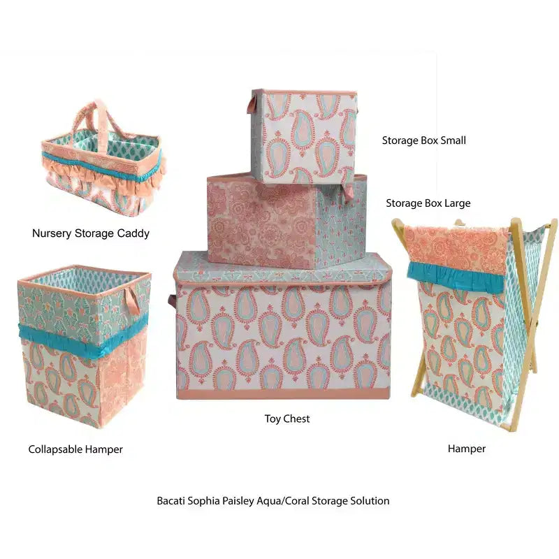 Bacati - Sophia Paisley Aqua/Coral Laundry Hamper with Wooden Frame