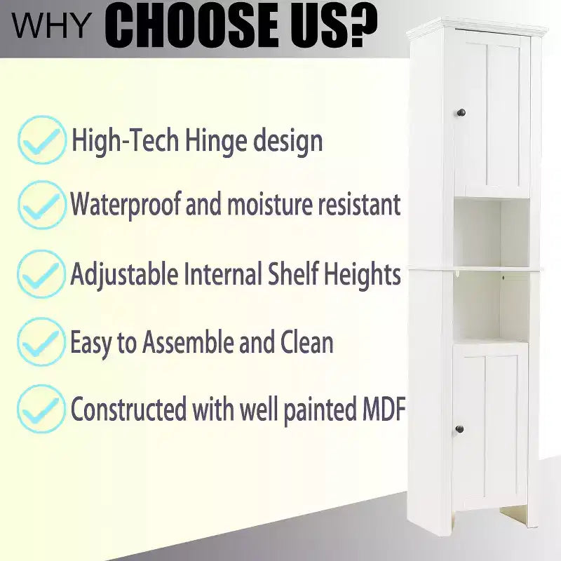 LuxenHome White MDF Wood 67-Inch Tall Tower Bathroom Linen Cabinet