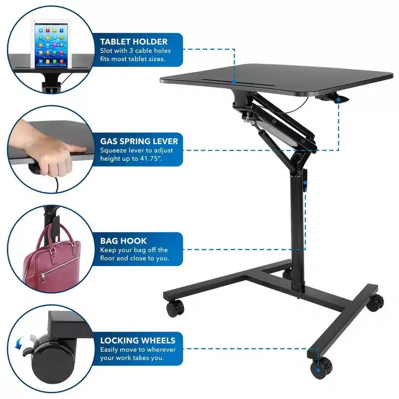 Mount-It! Mobile Standing Laptop Desk | Height Adjustable Rolling Sit Stand Workstation w/ Casters | 27 Wide with Gas Spring Lift Mechanism | Black