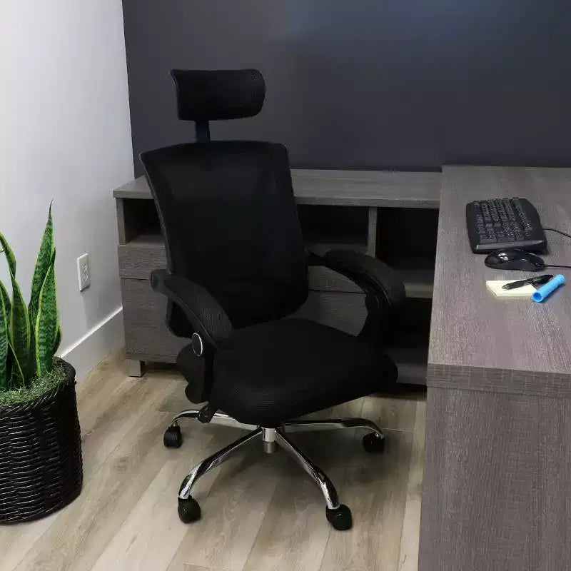 Chaise de bureau ergonomique avec dossier en résille, appui-tête réglable, noire