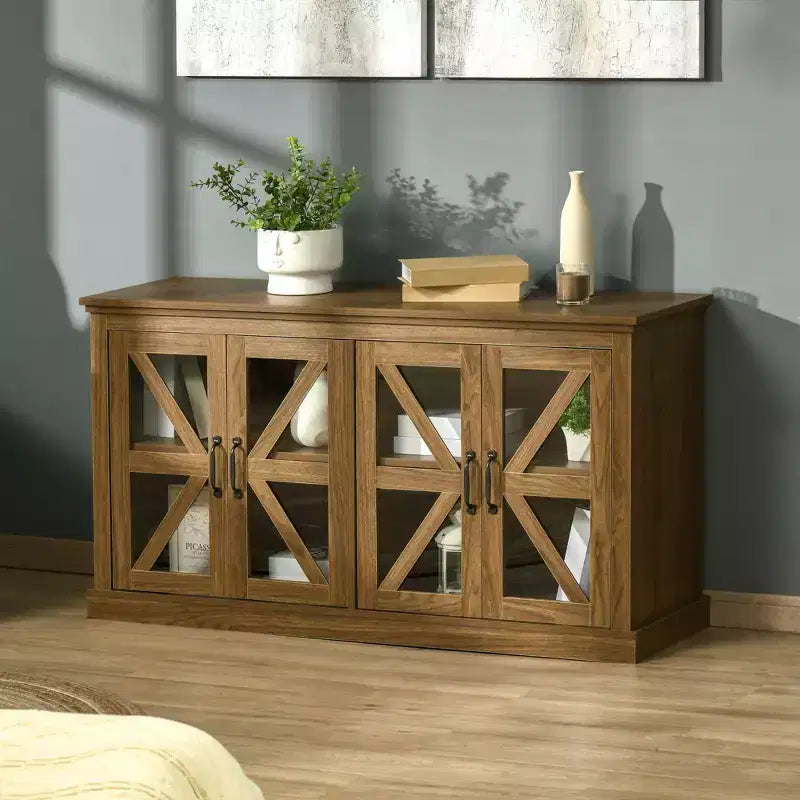Bahut de cuisine rustique, buffet avec portes vitrées, meuble TV avec étagère réglable pour salle à manger