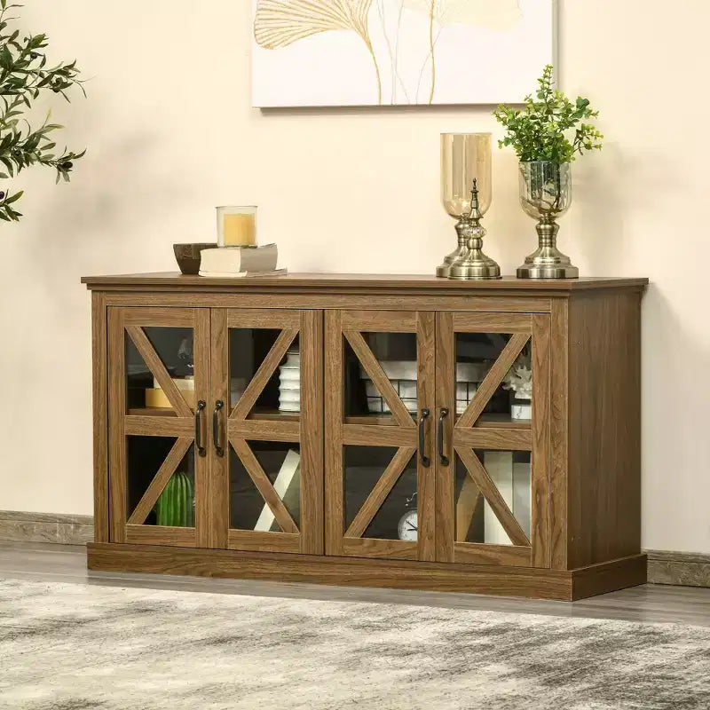 Bahut de cuisine rustique, buffet avec portes vitrées, meuble TV avec étagère réglable pour salle à manger