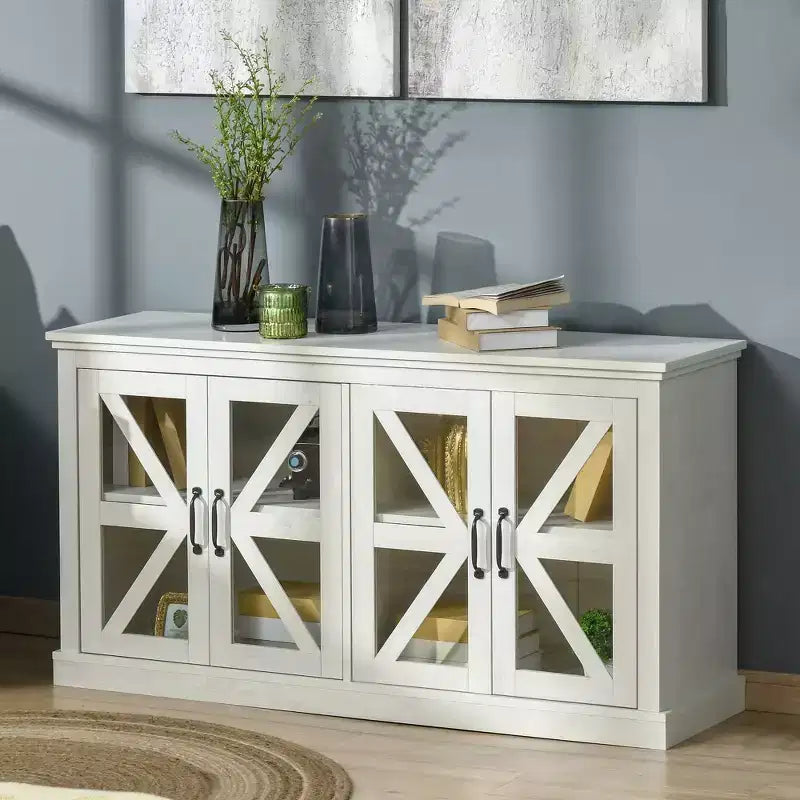 Bahut de cuisine rustique, buffet avec portes vitrées, meuble TV avec étagère réglable pour salle à manger