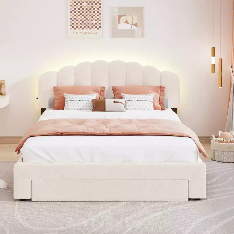 Lit plateforme rembourré en molleton Teddy avec ports USB et tiroir