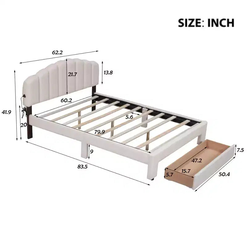 Lit plateforme rembourré en molleton Teddy avec ports USB et tiroir