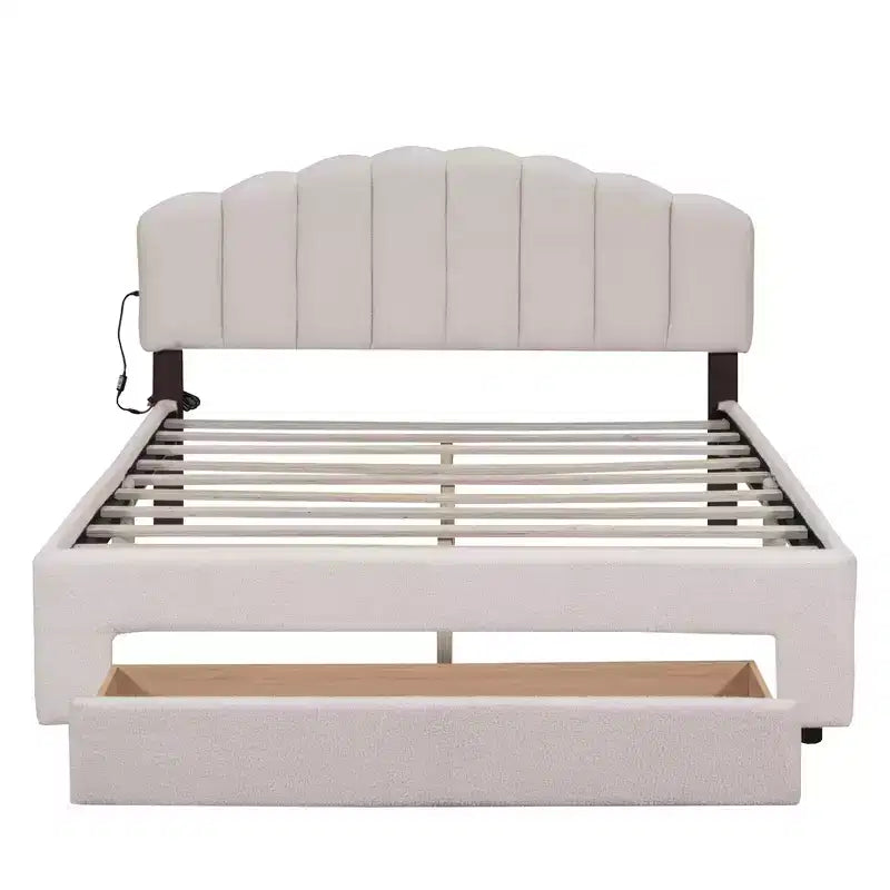 Lit plateforme rembourré en molleton Teddy avec ports USB et tiroir