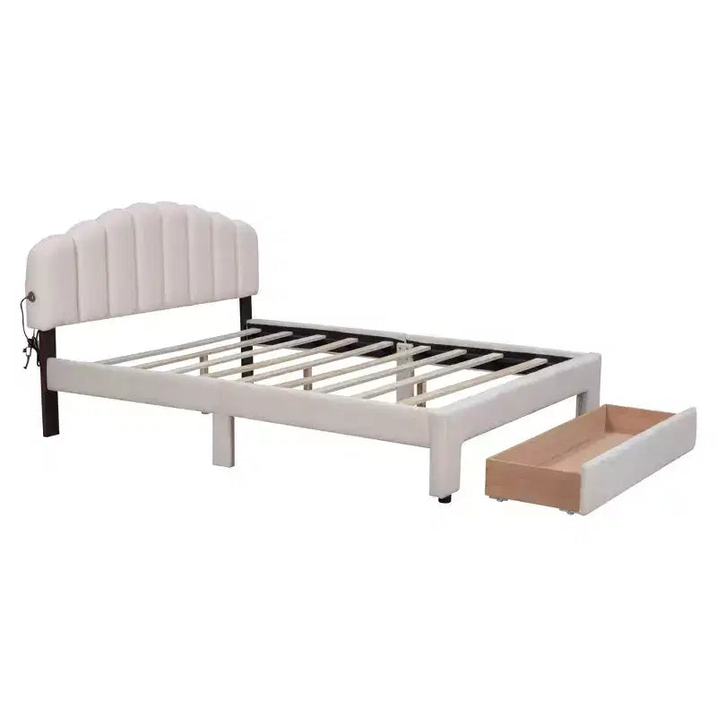 Lit plateforme rembourré en molleton Teddy avec ports USB et tiroir