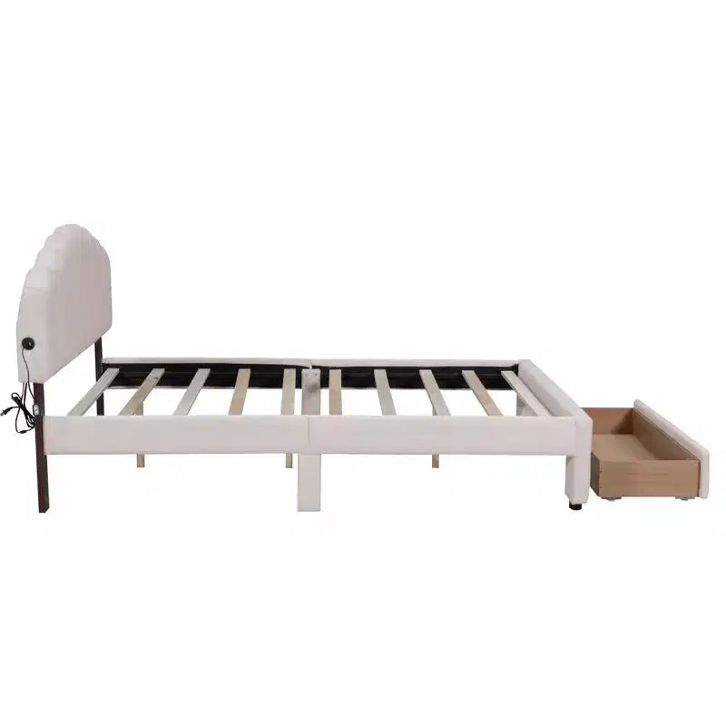 Lit plateforme rembourré en molleton Teddy avec ports USB et tiroir