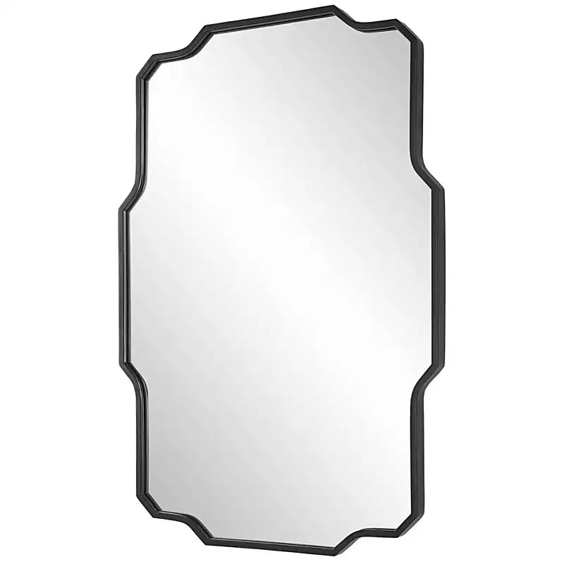 Miroir mural décoratif rectangulaire pour coiffeuse, angles vifs modernes, courbes douces, cadre en fer noir mat, 24 po de large pour salle de bain