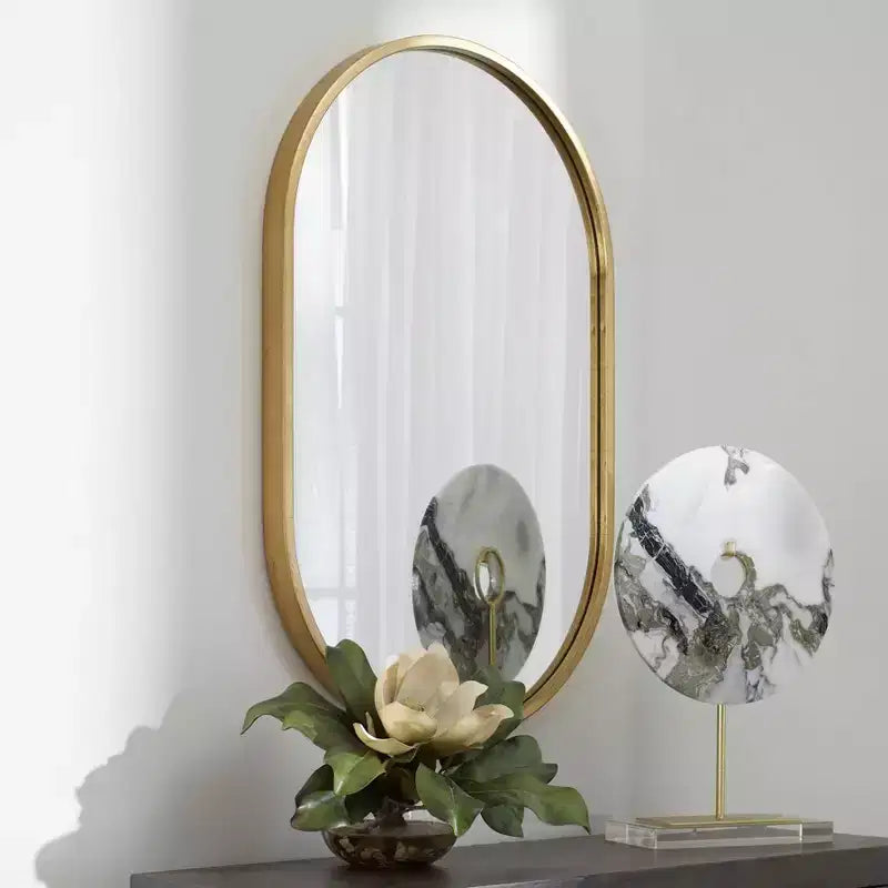 Miroir mural ovale accent de courtoisie Cadre en fer feuille d'or antique 20 de large pour salle de bain chambre salon bureau