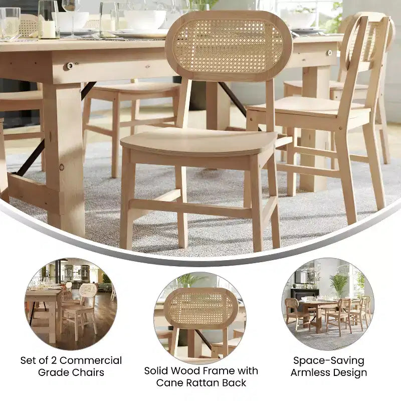 Chaises de salle à manger en rotin et canne avec des cadres en bois massif