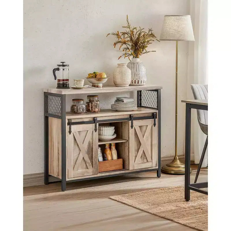VASAGLE Buffet Cabinet, Storage Cabinet, Sideboard with 2 Sliding Barn Doors, Adjustable Shelves