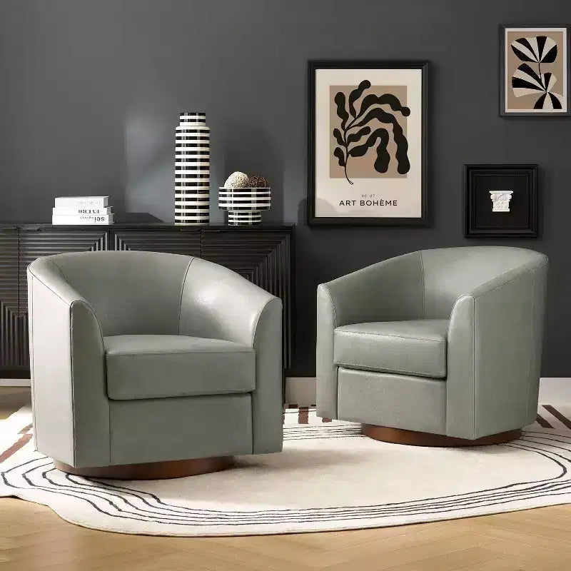 Set of 2 Molly Modern 360-degree Swivel Barrel Genuine Leather Chair with Solid Wood Base|ART OF LIVING DESIGNS