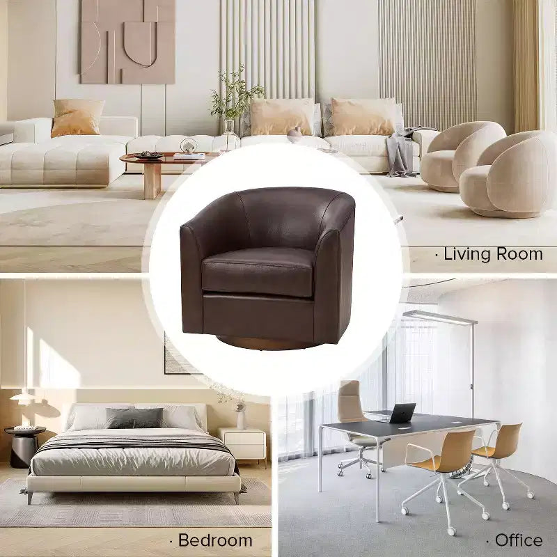 Set of 2 Molly Modern 360-degree Swivel Barrel Genuine Leather Chair with Solid Wood Base|ART OF LIVING DESIGNS