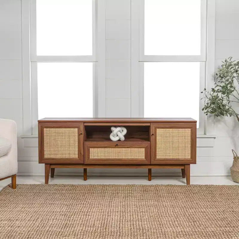JONATHAN Y TVS1002A Finley 59 in. Farmhouse Caned TV Stand with Drawer and Storage Doors Fits TVs up to 65 in. with Cable Management