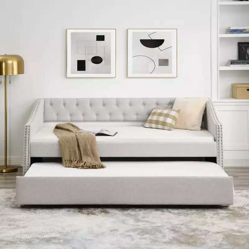 Twin/Full Size Daybed with Trundle, Upholstered Tufted Sofa Bed with Button and Waved Shape Arms - ModernLuxe