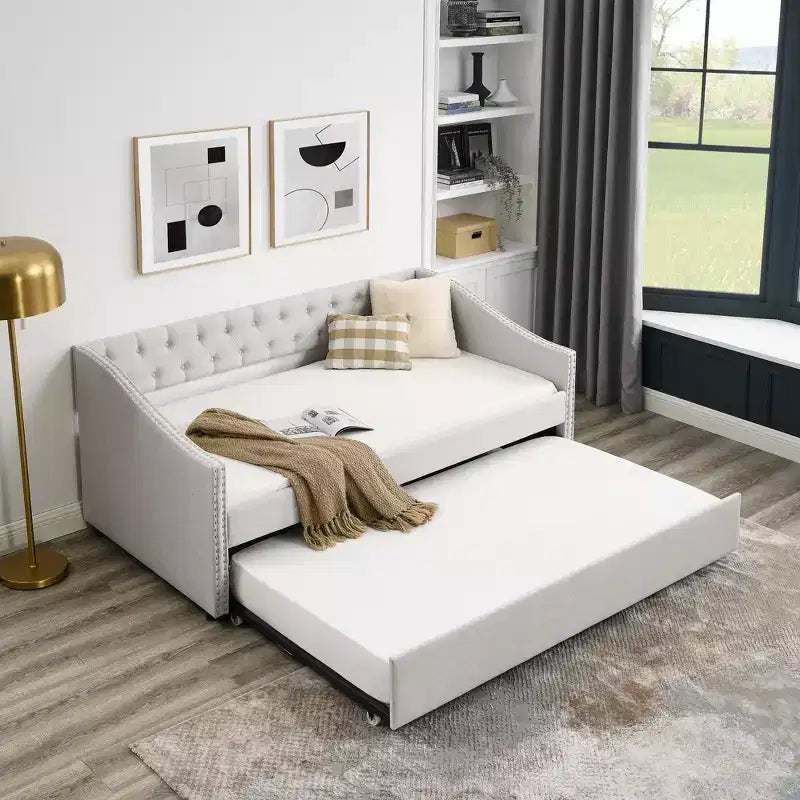 Twin/Full Size Daybed with Trundle, Upholstered Tufted Sofa Bed with Button and Waved Shape Arms - ModernLuxe